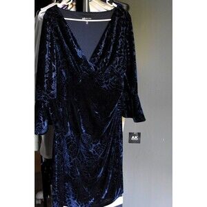NWT Anne Klein Sz Large Navy Velvet Burnout Rose Surplice Dress w/ Bell Sleeves